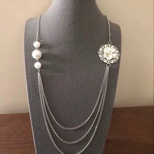 Silver plated flower pearls necklace set NWOT